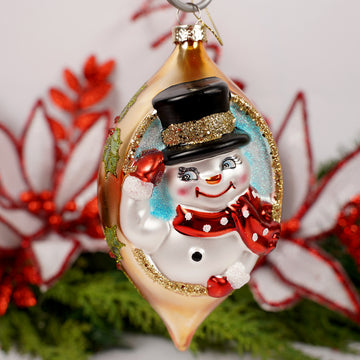 Glass Black Top Hat Snowman Gold Finial Ornament