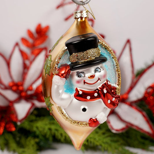 Glass Black Top Hat Snowman Gold Finial Ornament - Christmas Place