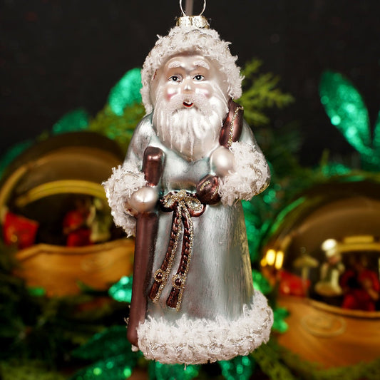 6IN GLASS GREY COAT SANTA ORN - Christmas Place