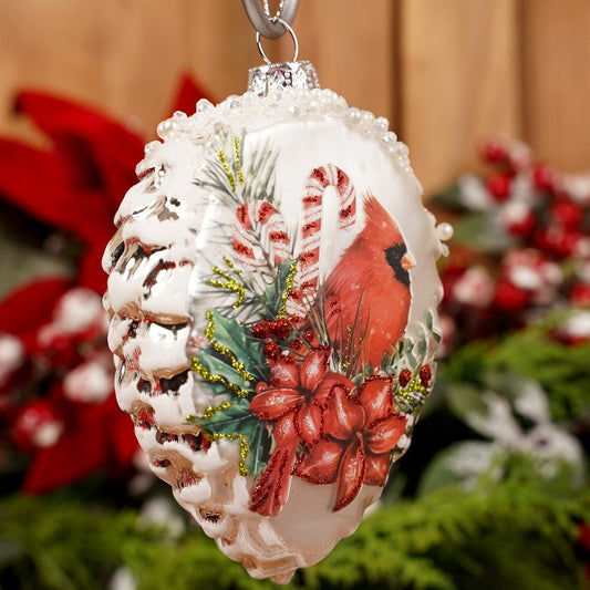 Glass White Pinecone Cardinal Ornament - Christmas Place