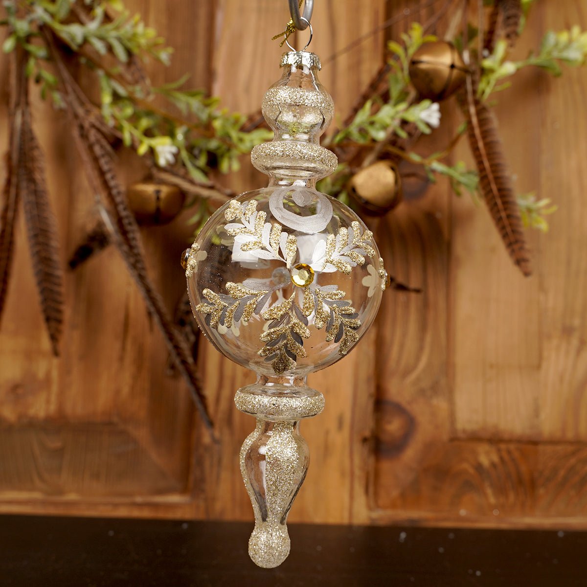 8.5IN GLASS GOLD LEAF FINIAL ORN - Christmas Place