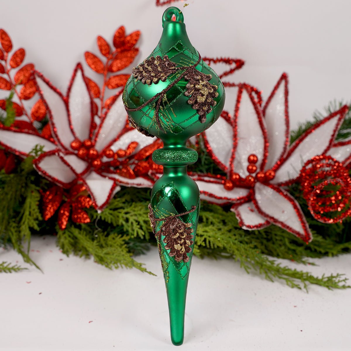 11.5IN GLASS GREEN FINIAL - Christmas Place