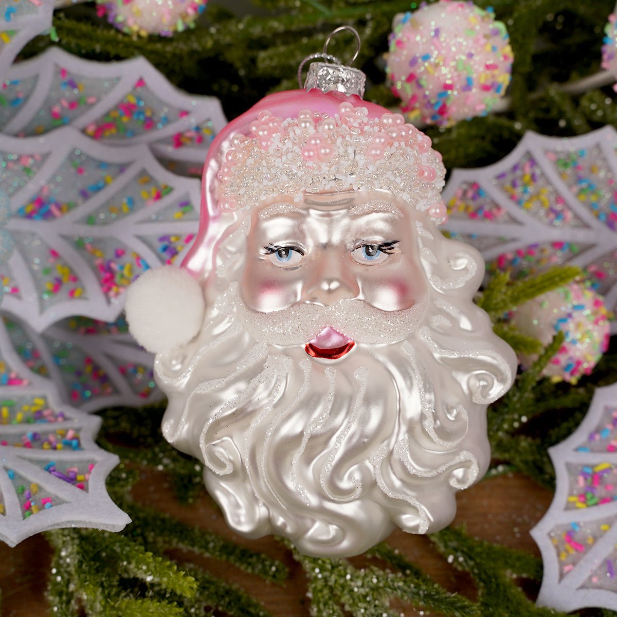 5.5IN GLASS PINK HAT SANTA ORN - Christmas Place