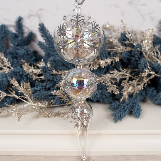 12IN GLASS SILVER CLEAR FINIAL ORN - Christmas Place