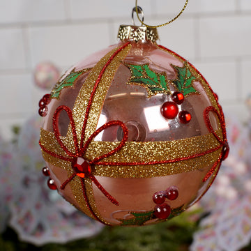 100MM Glass Pink Holly Bow Ball Ornament
