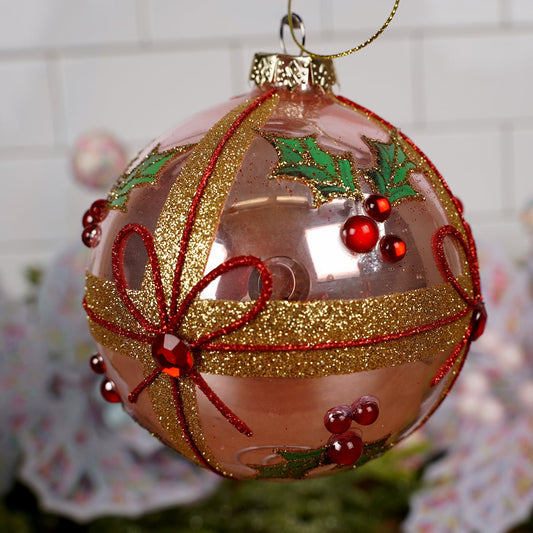 Glass Pink Holly Bow Ball Ornament - Christmas Place