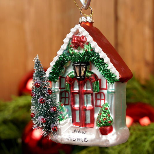 6Inch Glass Green Red House Ornament - Christmas Place