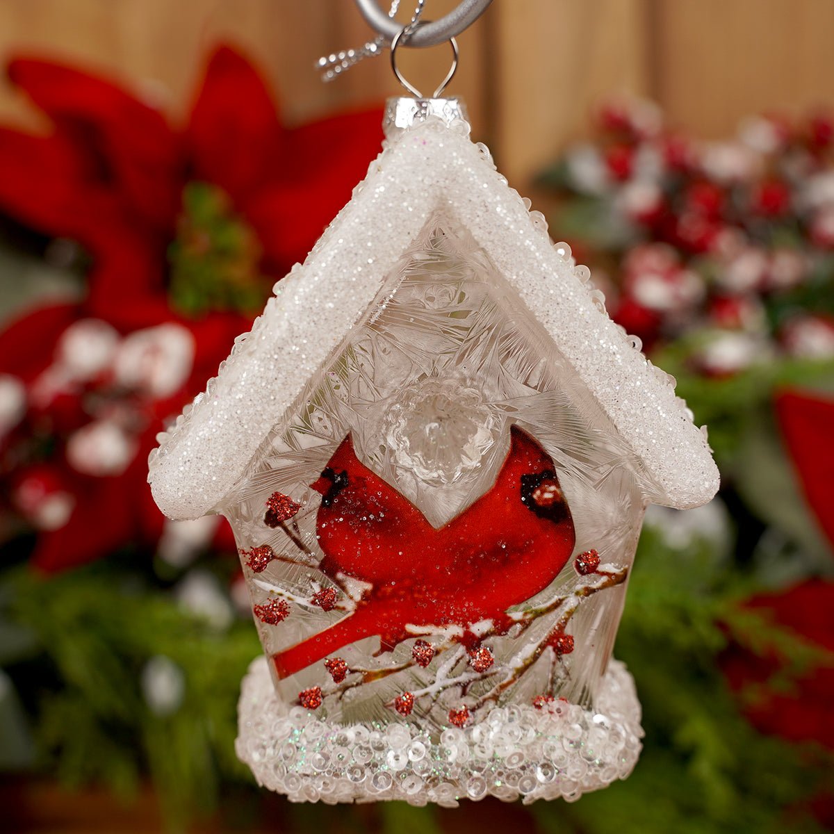5IN GLASS WHITE CARDINAL BIRDHOUSE ORN - Christmas Place