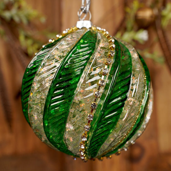 100MM GLASS GREEN GOLD SWIRL BALL - Christmas Place