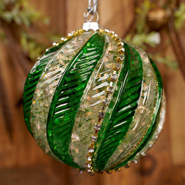 100MM GLASS GREEN GOLD SWIRL BALL - Christmas Place
