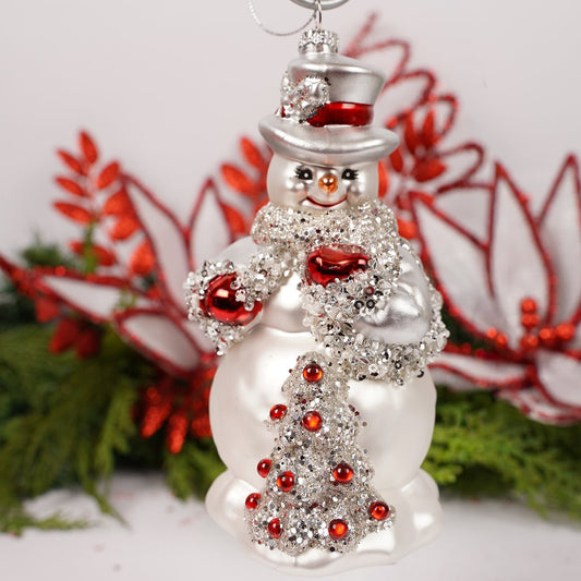 Glass Red Silver Snowman Ornament - Christmas Place