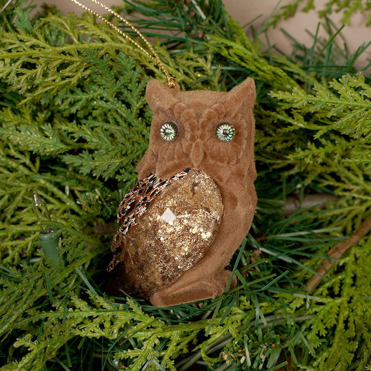 3.5Inch Brown Gold Glitter Owl Ornament - Christmas Place