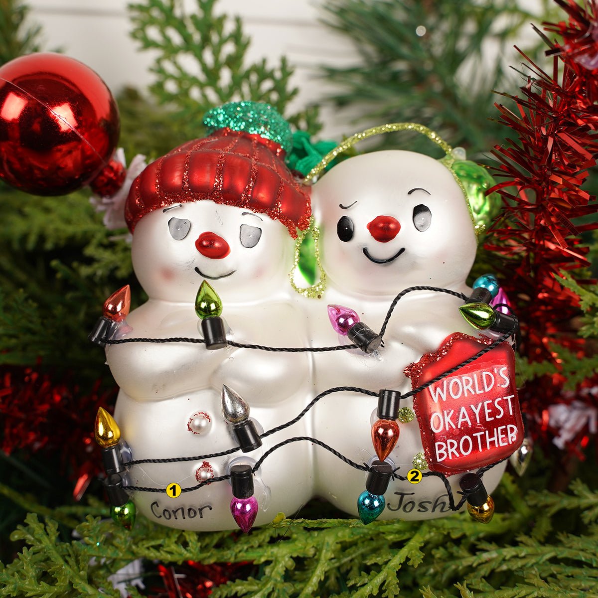 3.5IN RED HAT GREEN EARMUFF SNOWMEN - Christmas Place