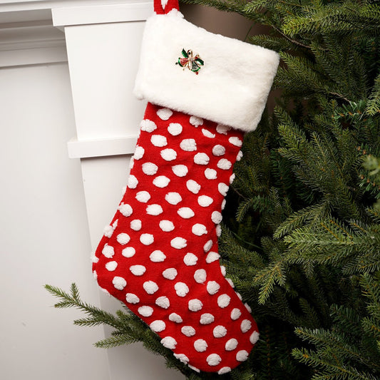 24.8Inch Red White Polka Dot Stocking With Design - Christmas Place