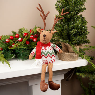 16.5Inch Fabric Red Green Sweater Sitting Reindeer