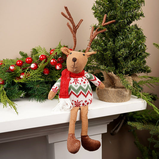 16.5Inch Fabric Red Green Sweater Sitting Reindeer - Christmas Place