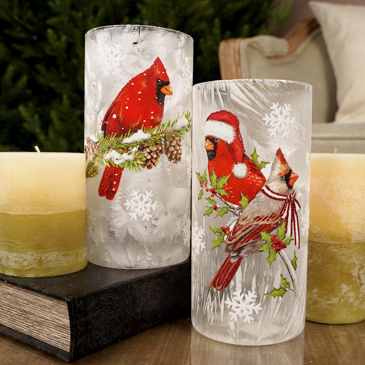 8In LED Glass Cardinal Cylinder - Christmas Place