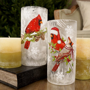 8In LED Glass Cardinal Cylinder - Christmas Place