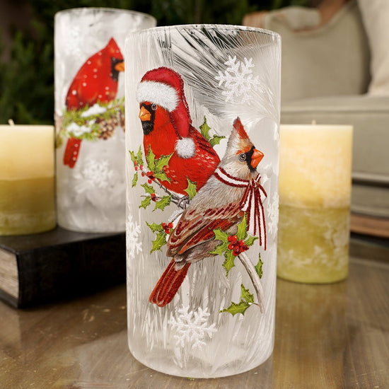 8In LED Glass Cardinal Cylinder - Christmas Place