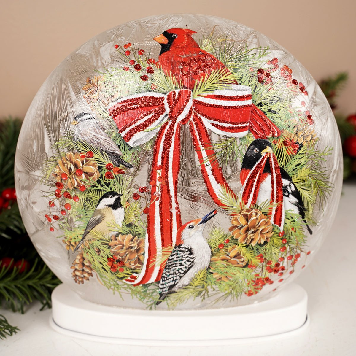 Christmas Birds LED Frosted Glass Table Piece - Christmas Place