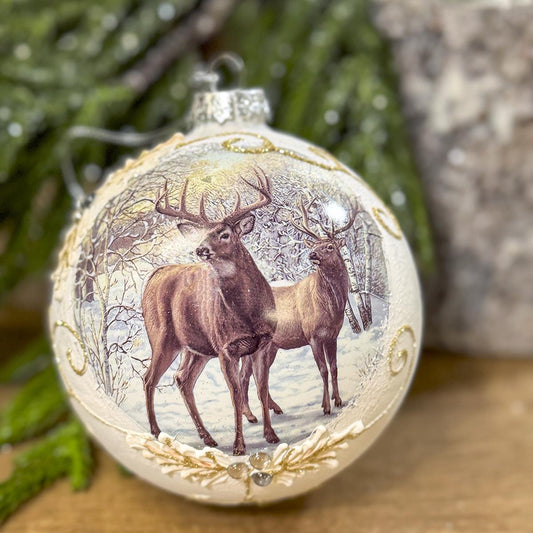 Deer With Winter Scene Glass Ornament