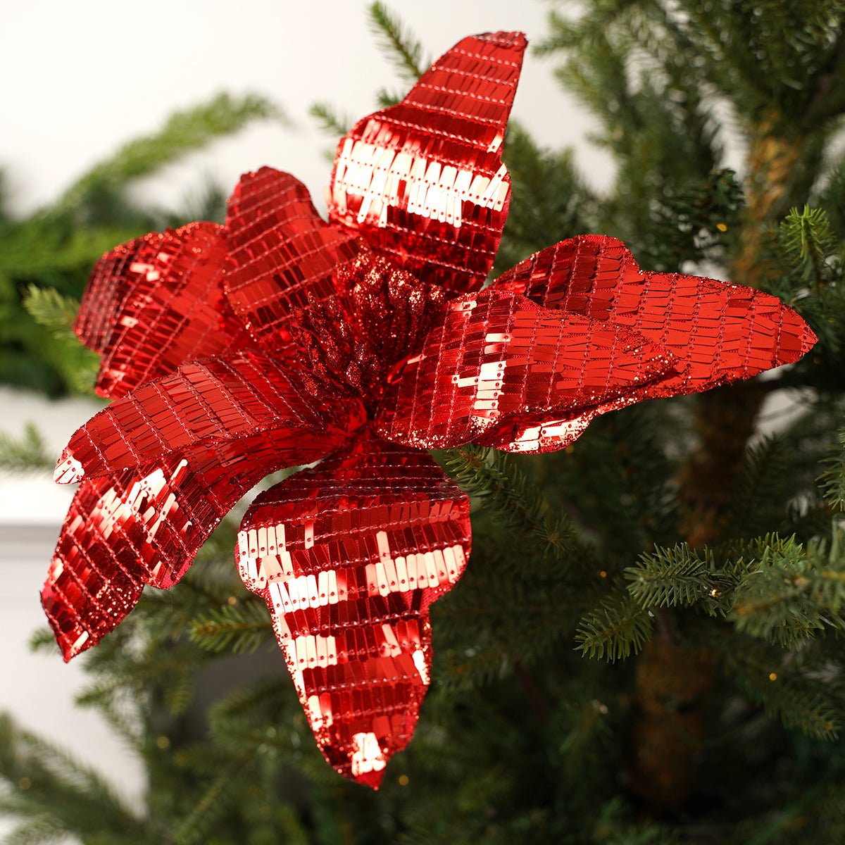 24In Red Mirrored Poinsettia Stem - Christmas Place