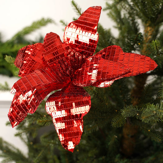 24In Red Mirrored Poinsettia Stem - Christmas Place