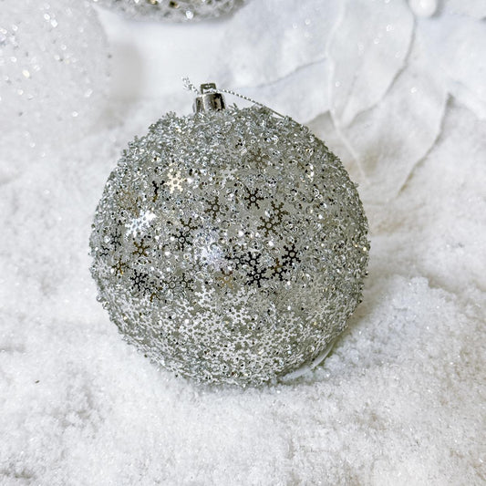 4 Inch Silver Snowflake Ball Ornament