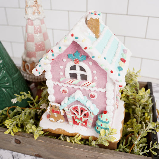 LED Pink Pastel Sweets Gingerbread House Blue Roof - Christmas Place