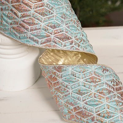 Aqua Gold Diamond Ribbon 4in x 5yd - Christmas Place