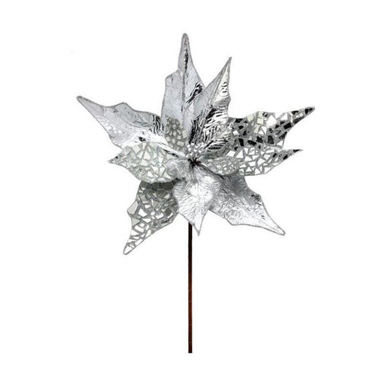 32In Silver Glitter Jewel Poinsettia Stem - Christmas Place