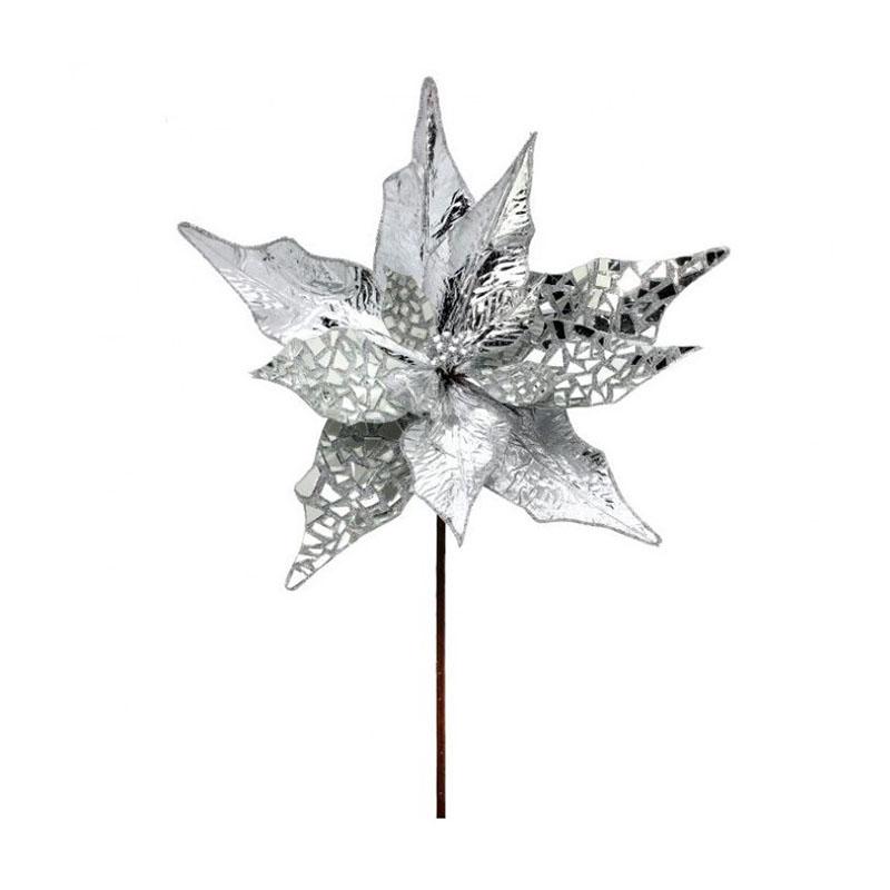 32In Silver Glitter Jewel Poinsettia Stem - Christmas Place
