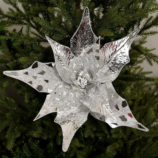 32In Silver Glitter Jewel Poinsettia Stem - Christmas Place