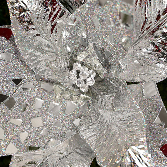 32In Silver Glitter Jewel Poinsettia Stem - Christmas Place