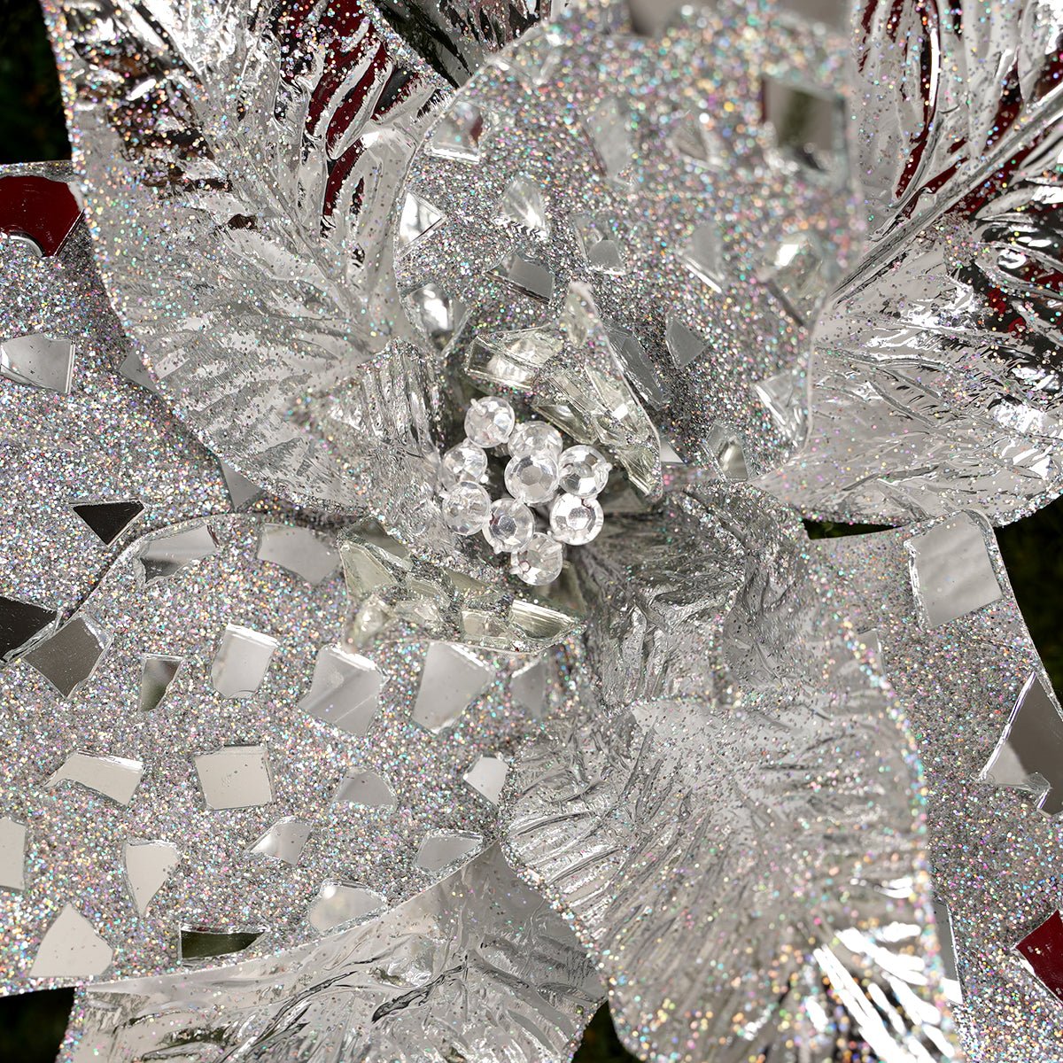 32In Silver Glitter Jewel Poinsettia Stem - Christmas Place
