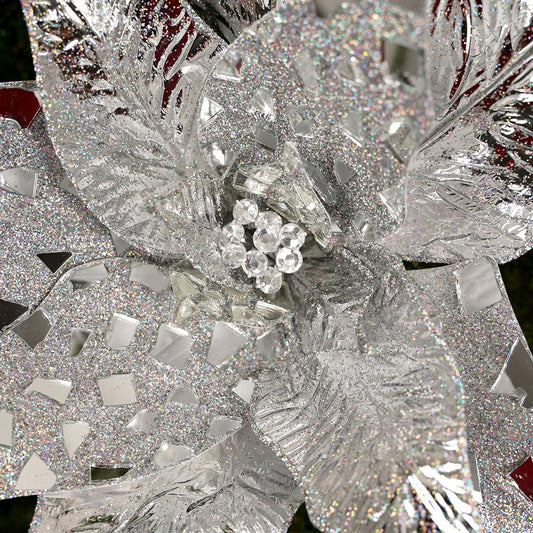 32In Silver Glitter Jewel Poinsettia Stem - Christmas Place