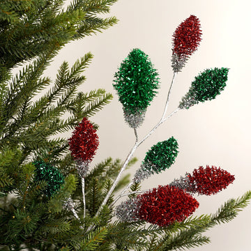 29In Red Green Tinsel Bulb Spray - Christmas Place
