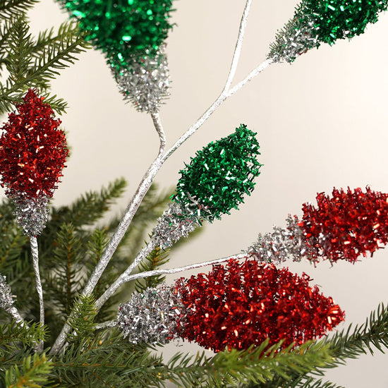 29In Red Green Tinsel Bulb Spray - Christmas Place