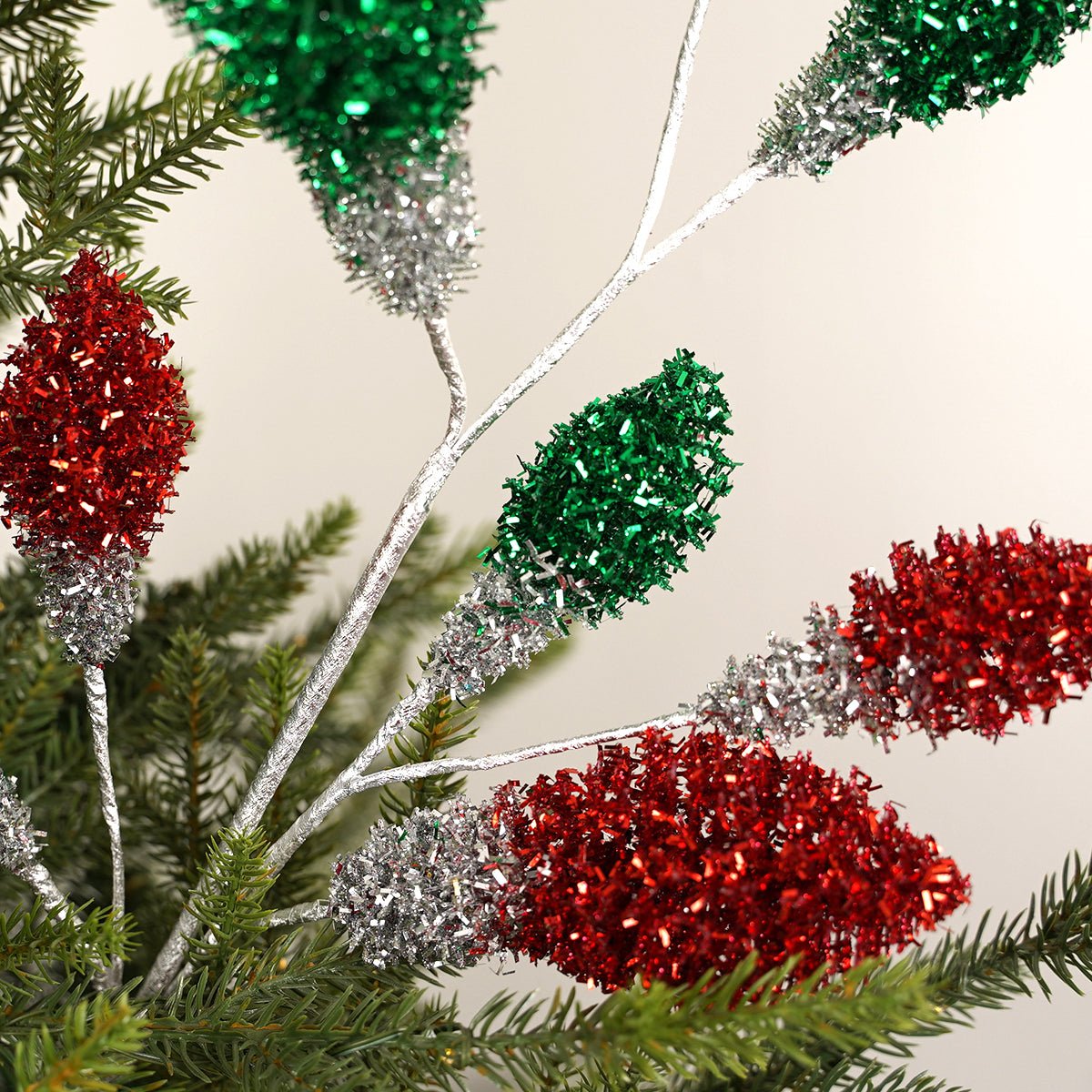 29In Red Green Tinsel Bulb Spray - Christmas Place