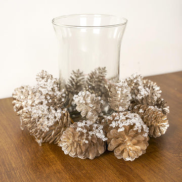 Champagne Iced Pinecone Candle Ring