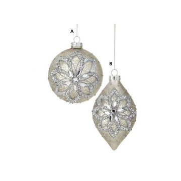 Glass Silver Jewel Fluer Ball Finial Ornament