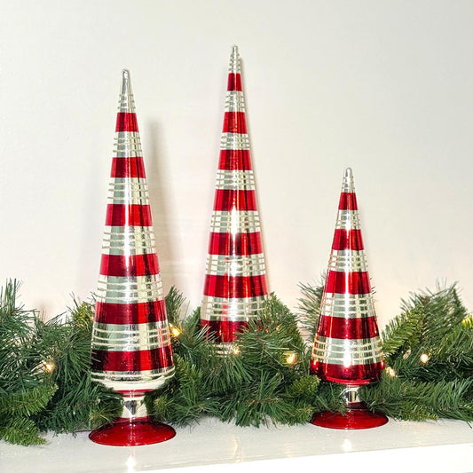 14 Inch Glass Red Silver Cone Tree