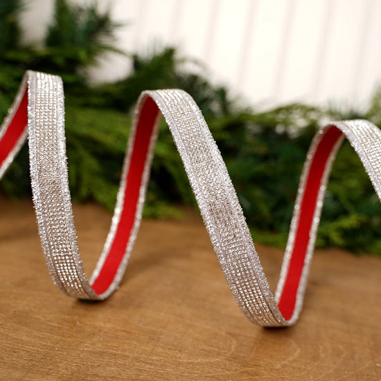 Silver Velvet Backed Jewel Ribbon 1 in x 5 yd - Christmas Place