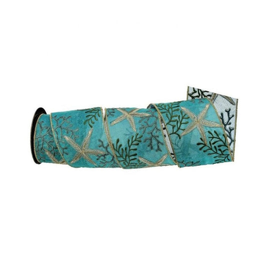 Aqua Gold Starfish Ribbon 4in x 5yd
