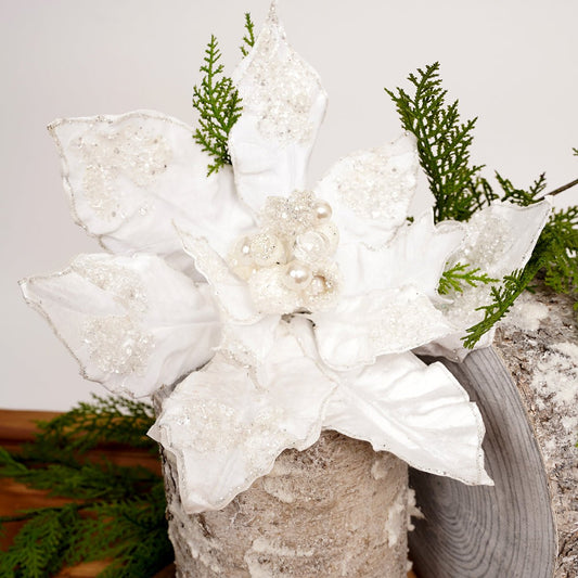 28In White Glamour Poinsettia Stem - Christmas Place