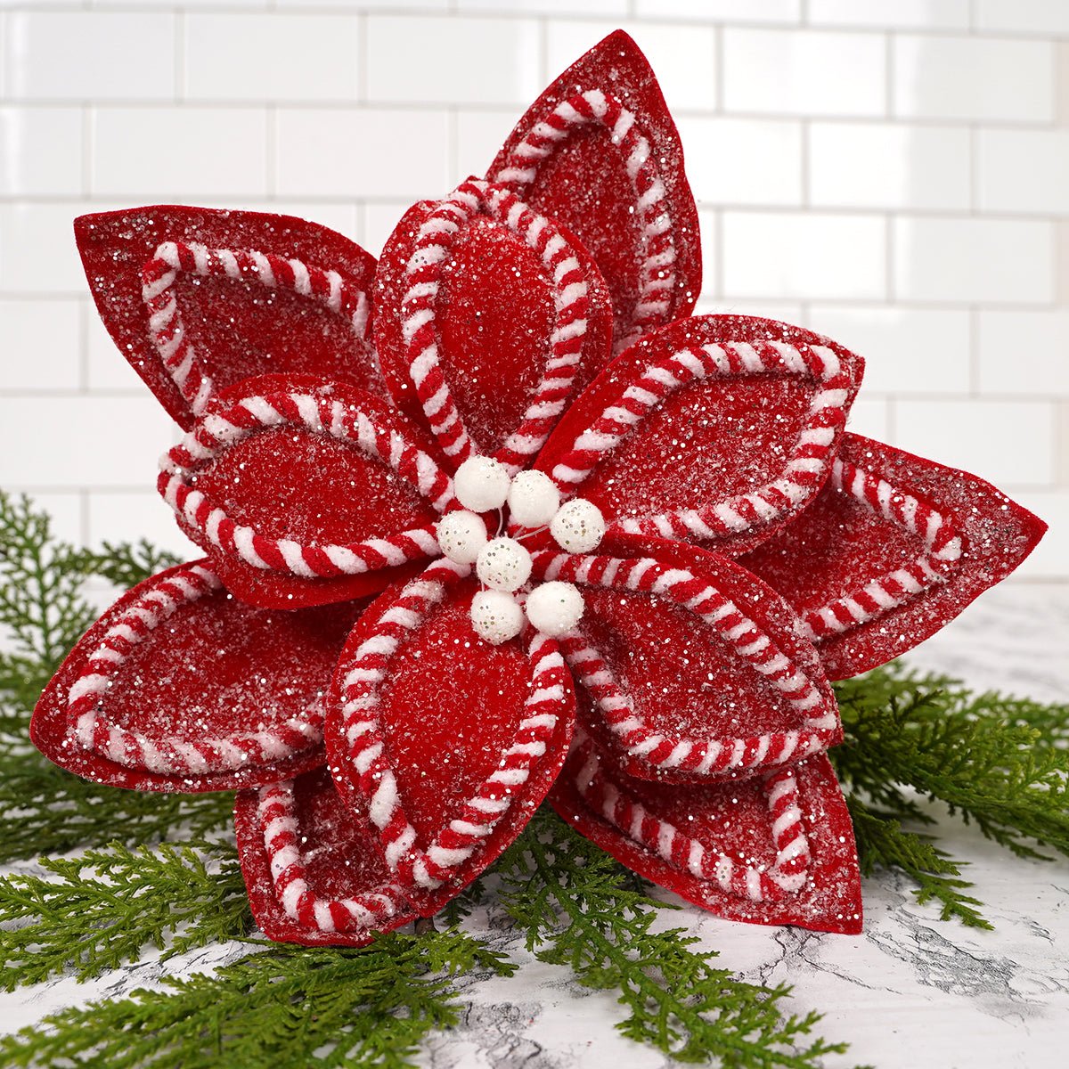 22In Red White Sugar Spice Poinsettia Stem - Christmas Place