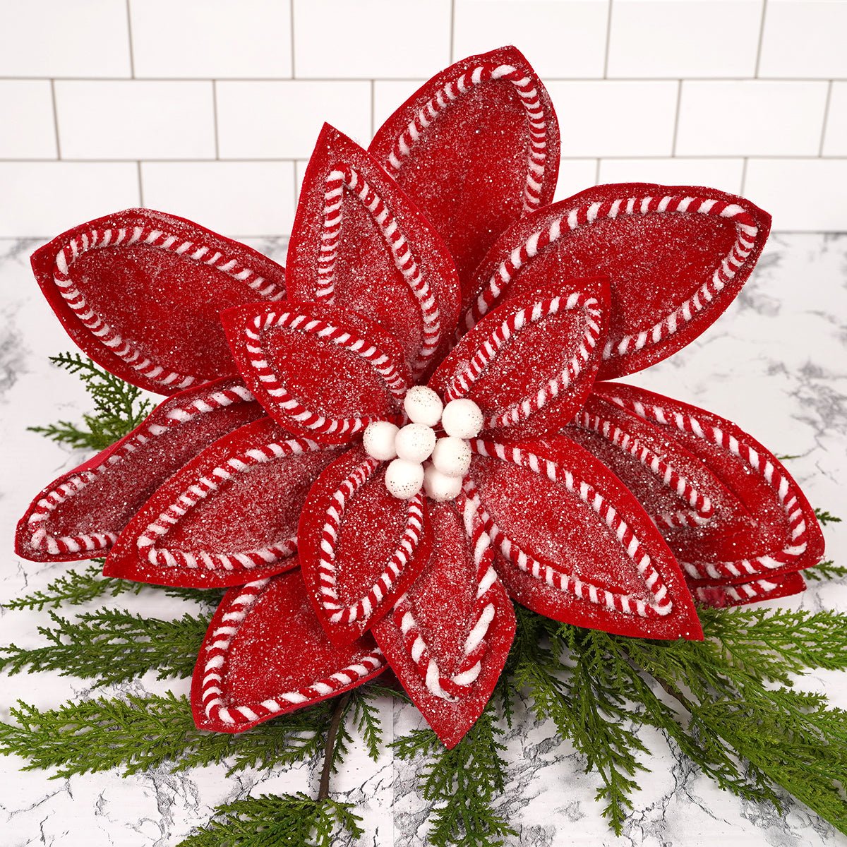 30In Red White Sugar Spice Poinsettia Stem - Christmas Place