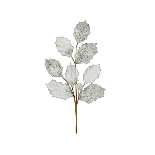27In White Glitter Holly Leaf Spray