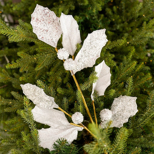 27In White Glitter Holly Leaf Spray - Christmas Place