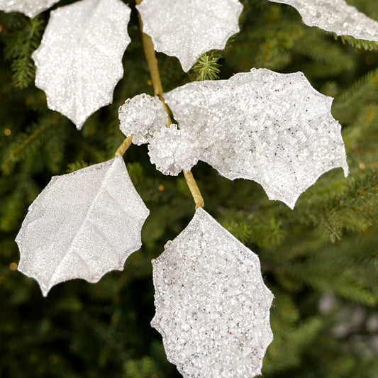 27In White Glitter Holly Leaf Spray - Christmas Place